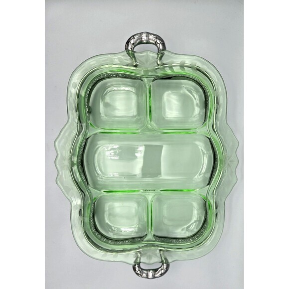 Cambridge Etched Green Uranium Glass 5-part Relish Serving Dish W/Ornate Stand - Picture 3 of 16